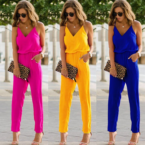 Image of Womens Casual Solid spaghetti strap Bodycon Romper Jumpsuit Club Bodysuit Long Pants