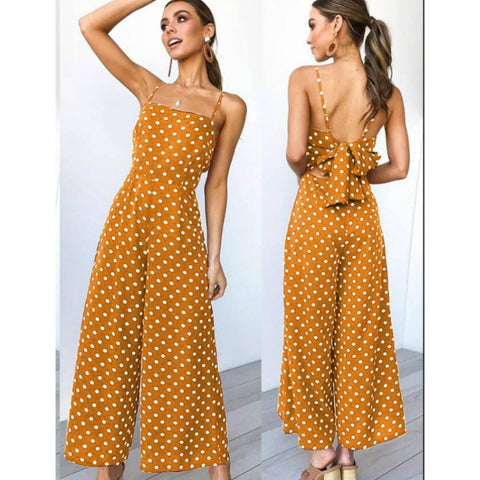 Image of Sleeveless Backless Boho Bow-knot Dot Jumpsuits Women 2020 Summer Romper Strap Beach Club Elegant Jumpsuit Overalls