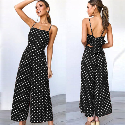 Image of Sleeveless Backless Boho Bow-knot Dot Jumpsuits Women 2020 Summer Romper Strap Beach Club Elegant Jumpsuit Overalls