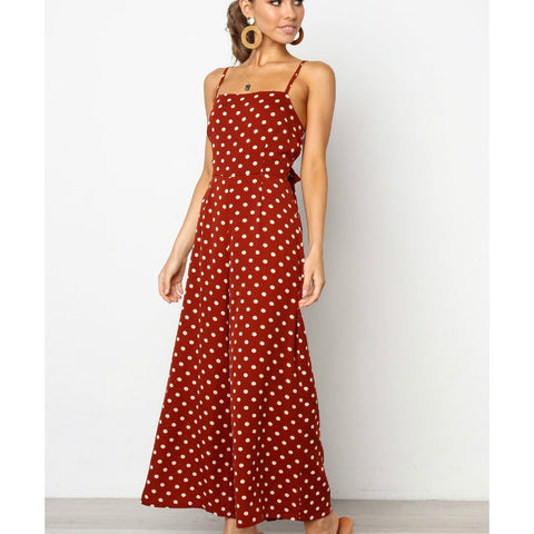 Image of Sleeveless Backless Boho Bow-knot Dot Jumpsuits Women 2020 Summer Romper Strap Beach Club Elegant Jumpsuit Overalls