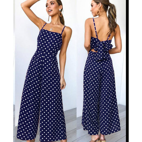 Image of Sleeveless Backless Boho Bow-knot Dot Jumpsuits Women 2020 Summer Romper Strap Beach Club Elegant Jumpsuit Overalls