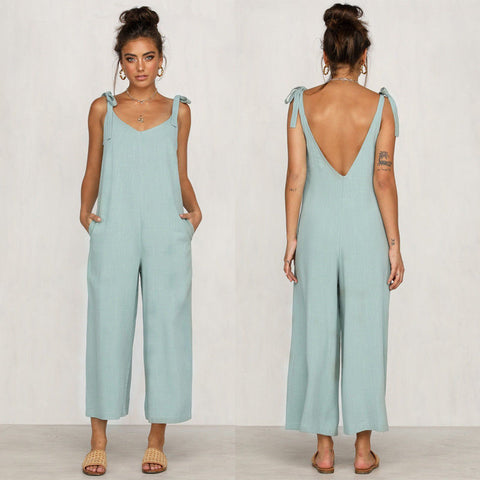 Image of Rompers 2019 Summer new Women Casual Loose Linen Cotton Jumpsuit Sleeveless Backless Playsuit Trousers Overalls