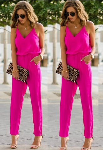 Image of Womens Casual Solid spaghetti strap Bodycon Romper Jumpsuit Club Bodysuit Long Pants