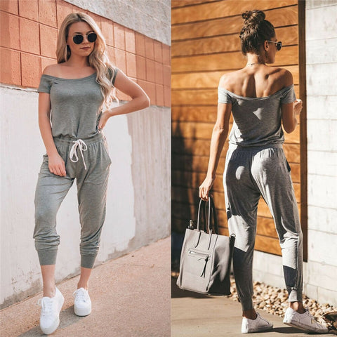 Image of Hot Selling Women Clubwear Jumpsuit Short Sleeve Off Shoulder Female High Waist Sexy Jumpsuit Cotton Long Trousers