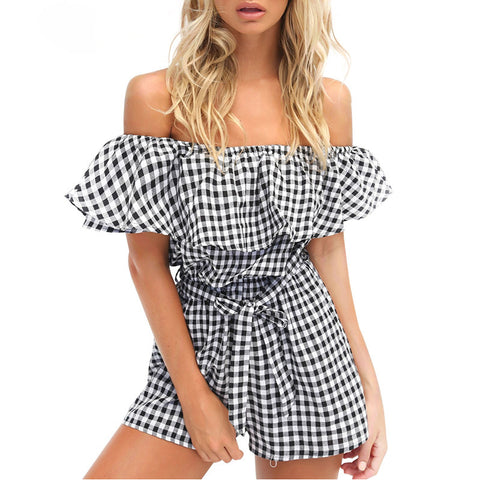 Image of Off Shoulder Women Slim Plaid Jumpsuit  2017 Summer Beachwear Ruffles Playsuit Ladies Overalls Romper Combinaison Femme