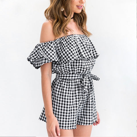 Image of Off Shoulder Women Slim Plaid Jumpsuit  2017 Summer Beachwear Ruffles Playsuit Ladies Overalls Romper Combinaison Femme