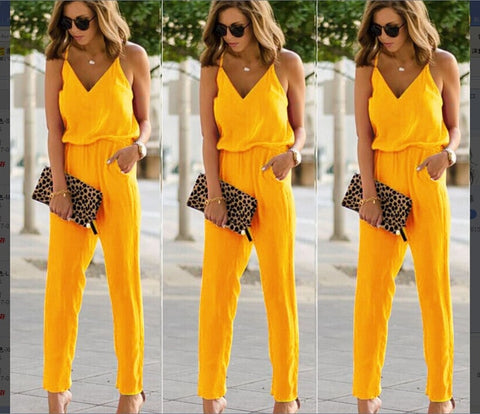 Image of Womens Casual Solid spaghetti strap Bodycon Romper Jumpsuit Club Bodysuit Long Pants