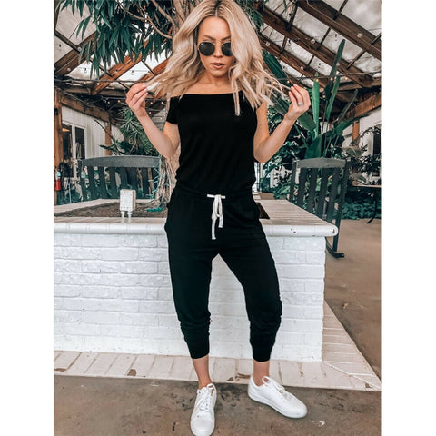 Image of Hot Selling Women Clubwear Jumpsuit Short Sleeve Off Shoulder Female High Waist Sexy Jumpsuit Cotton Long Trousers