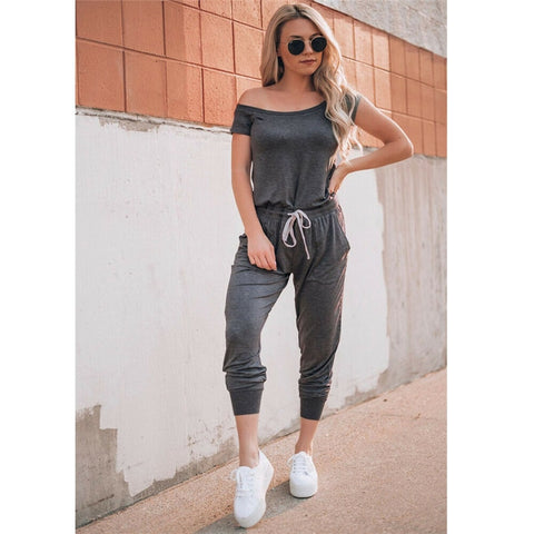 Image of Hot Selling Women Clubwear Jumpsuit Short Sleeve Off Shoulder Female High Waist Sexy Jumpsuit Cotton Long Trousers