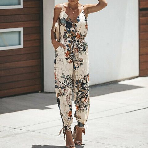 Image of Women Summer Holiday Casual Sleeveless Jumpsuits Fashion Ladies Boho Floral Bodysuit Loose Long Pant Trousers Overalls for Women